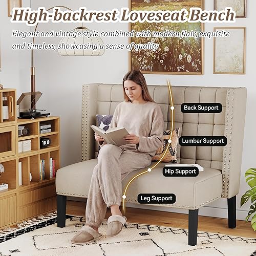 Vista 6 de Andeworld Sofá Loveseat Settee Banco Sofá Moderno, Banco Banqueta Tapizado con Respaldo para Comedor, Sala de Estar, Pasillo o Entrada, Putty Masilla