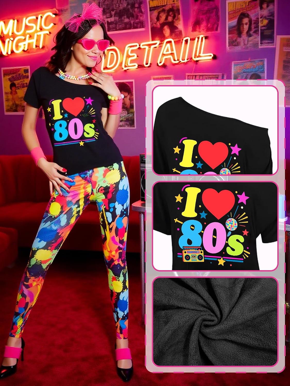 80s Outfit for Women 80s Costumes Outfits Womans 80's shirts Print Leggings with accessories 1980s Halloween Costumes