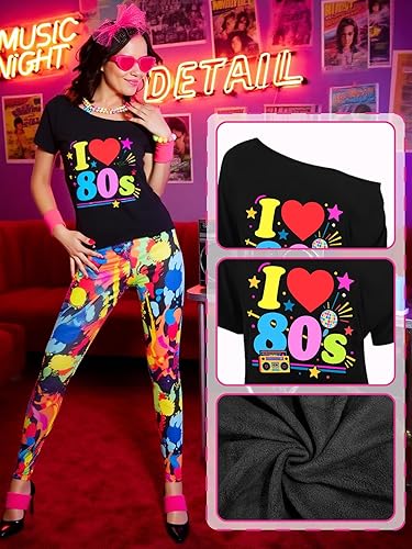 Miniatura 5 de Traje de los años 80 para mujer, disfraces de los 80, camisas de los 80, leggings estampados con accesorios, disfraces de Halloween de los años 80