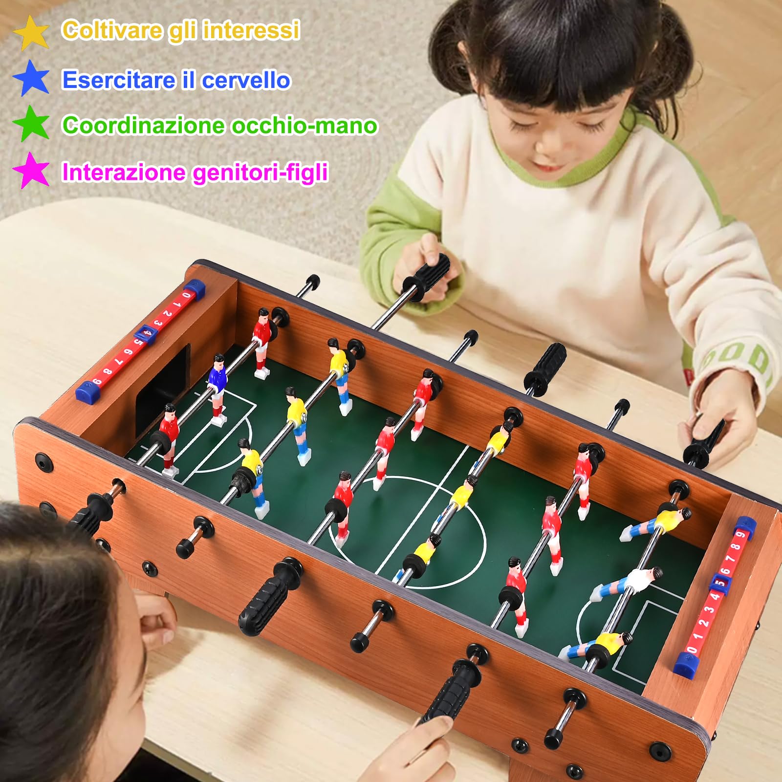 GOLDGE Calcio Balilla, Biliardino in Legno con Gambe da Tavolo, Calcetto da Tavolo per Bambini e Aduti con 4 Palloni da Calcio, 50.5 * 24.5 * 15cm