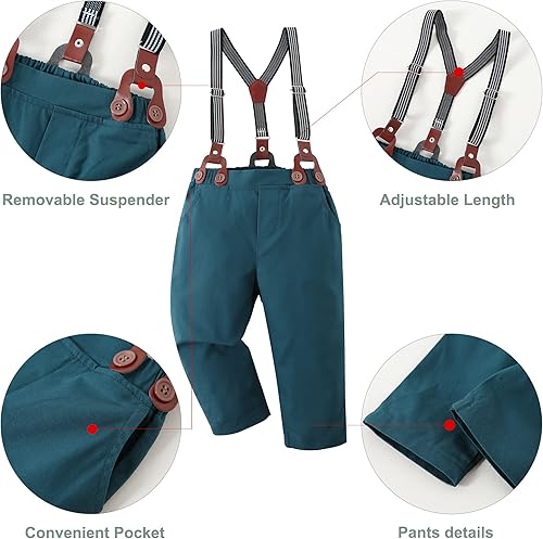Miniatura 5 de DISAUR Conjunto de ropa para niño pequeño, trajes de caballero con camisa y pantalones de tirantes con corbatín, conjuntos elegantes para boda, 1-6