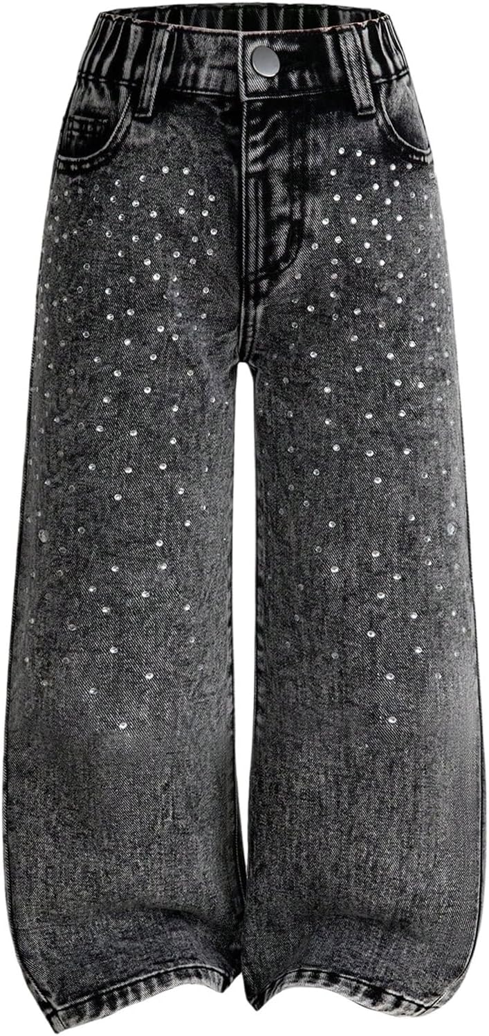 GORGLITTER Girl's Baggy Jeans Adjustable Elastic Waist Straight Wide Leg Denim Pants Trendy Streetwear Trousers