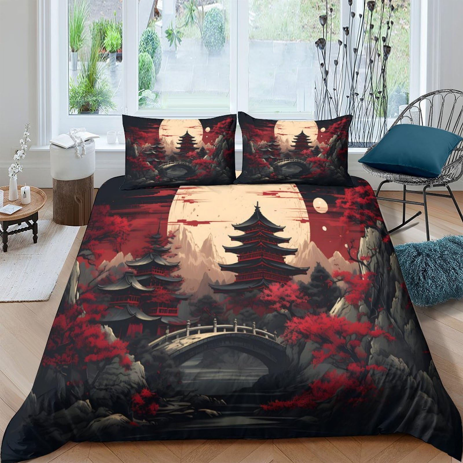 Ctjqhvkz Style-4 3D Printed Japanese Pagoda Fitted Sheet Microfiber Red Maple Bridge Mattress Cover For Bedroom Dorm Decoration Single（135X200cm）