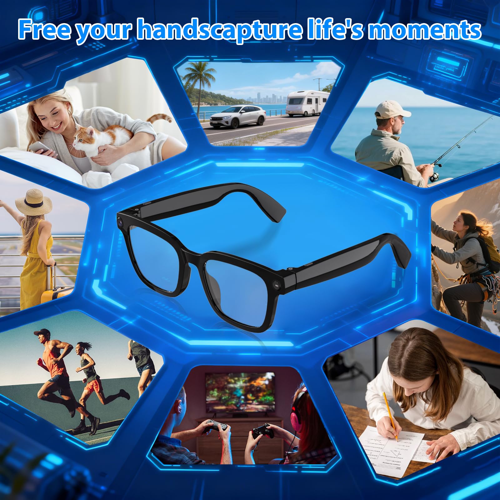 GenXenon Gafas con Cámara, Cámara 8 MP 1200P, Gafas IA con Puerto de Carga USB-C, Doble Micrófono Abierto, Admite Foto, Video y Audio, Reconocimiento de Objetos por IA, Lentes Fotocromáticas