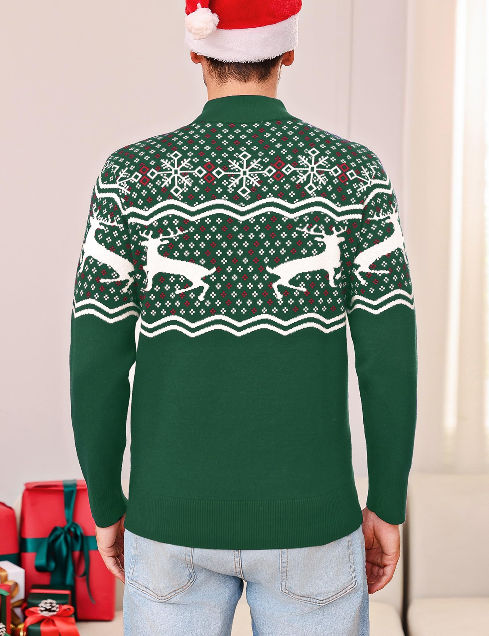 Jersey de Navidad para Hombre Invierno Cuello Alto con Media Cremallera Suéter de Navideñas Punto de Manga Larga S-3XL