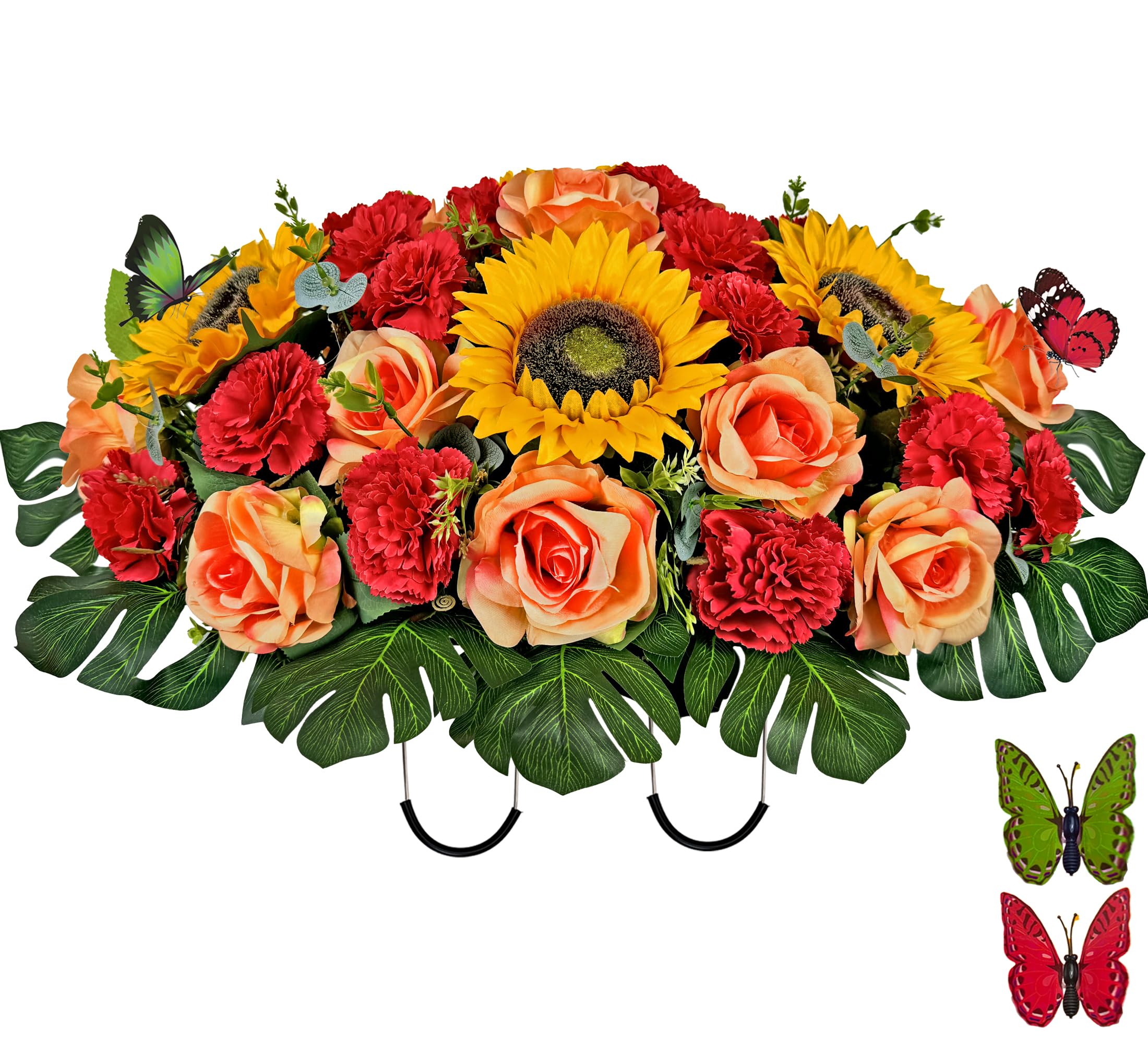 Artificial Cemetery Flower for Grave, Silk Headstone Flower Saddle for Tombstone Decoration - Sunflower Rose and Carnation,Easy Fit and Colorfast image 2