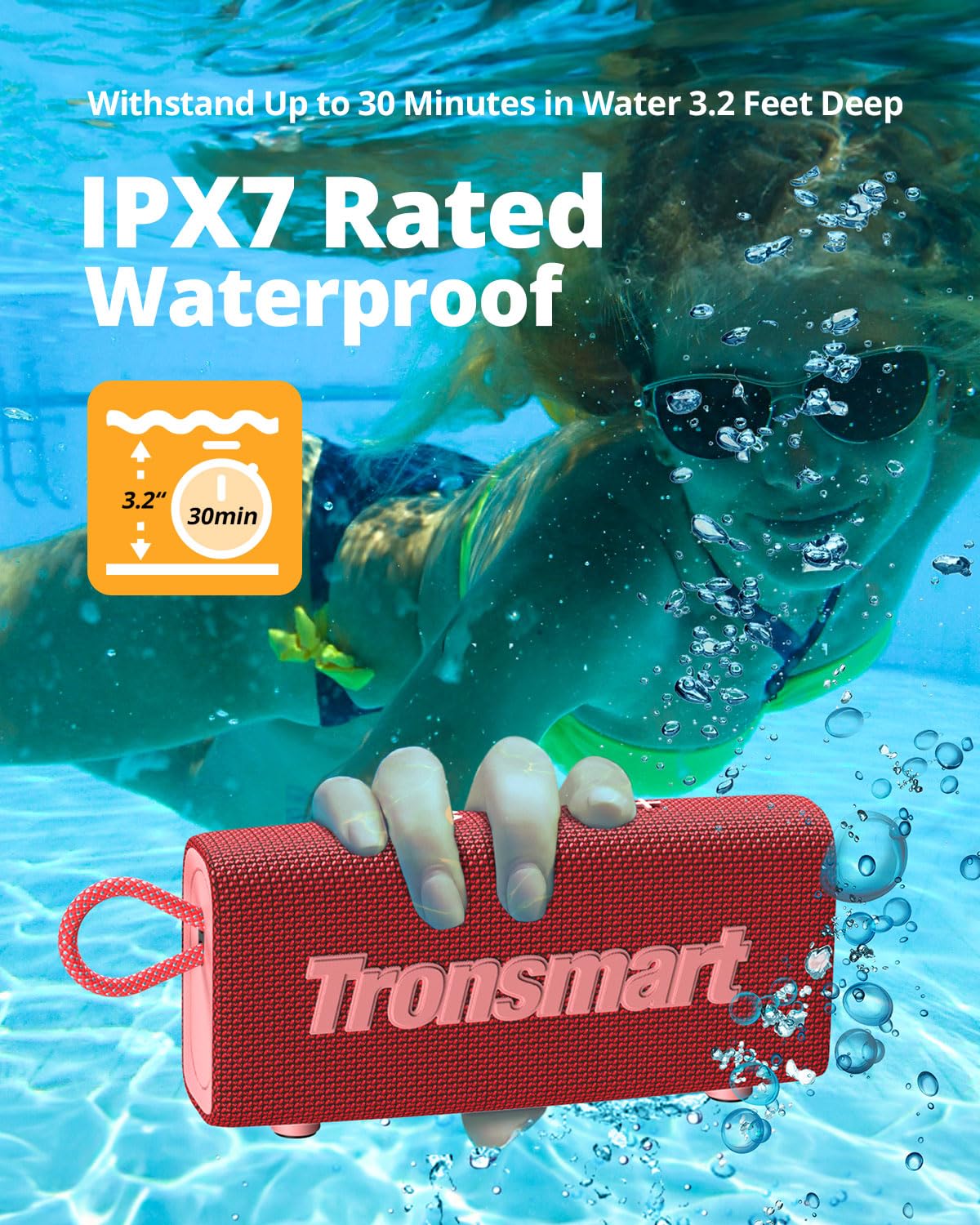 Tronsmart Trip - Mini speaker Bluetooth portatile, Bluetooth 5.3, 20 ore di riproduzione, AUX, microfono, impermeabilità IPX7, wireless, per ambienti esterni, doccia, spiaggia, bici e viaggi, rosso