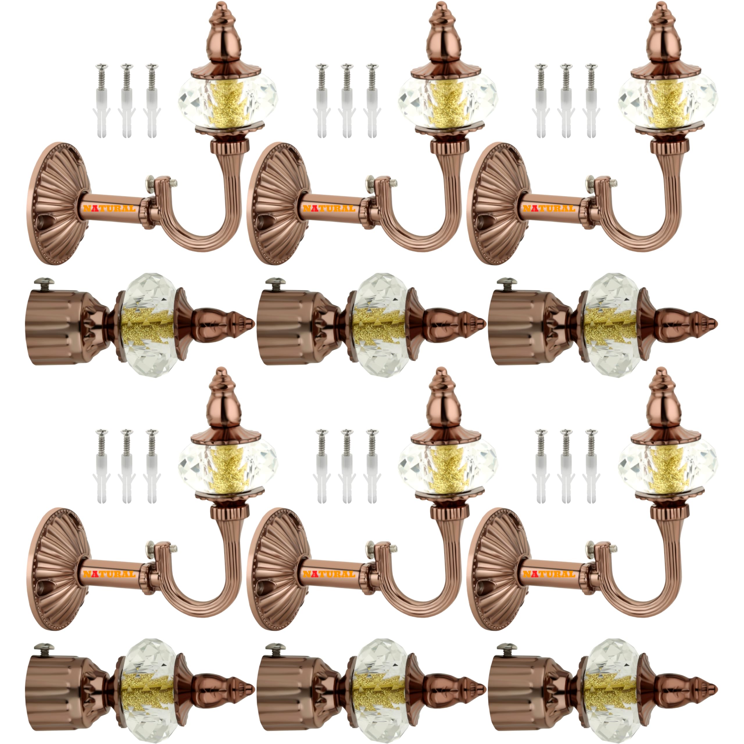 NATURAL Heavy Duty Aluminum Royal Luxury Design Curtain Bracket/Finial and Curtain Support with Screw/Wallplug for Window & Door Curtain Fittings Suitable Upto 1 Inch Pipe. (6 Set, Rose Gold)