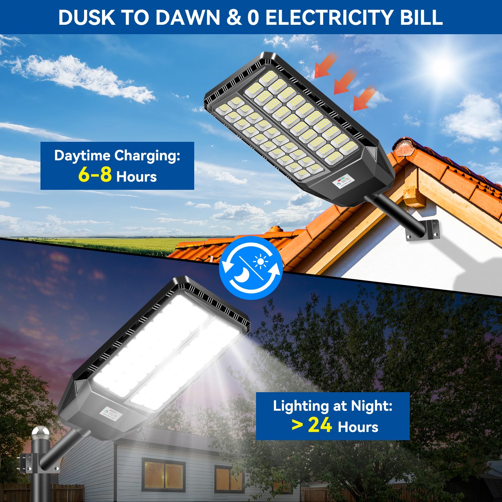 Adewalk 8000W Lampione Solare Led Esterno con Telecomando, IP66 Impermeabile Lampada Stradale Solare con Sensore di Movimento, 6500K Super Bright Lampioni da Giardino Esterno Solari per Garage Strada