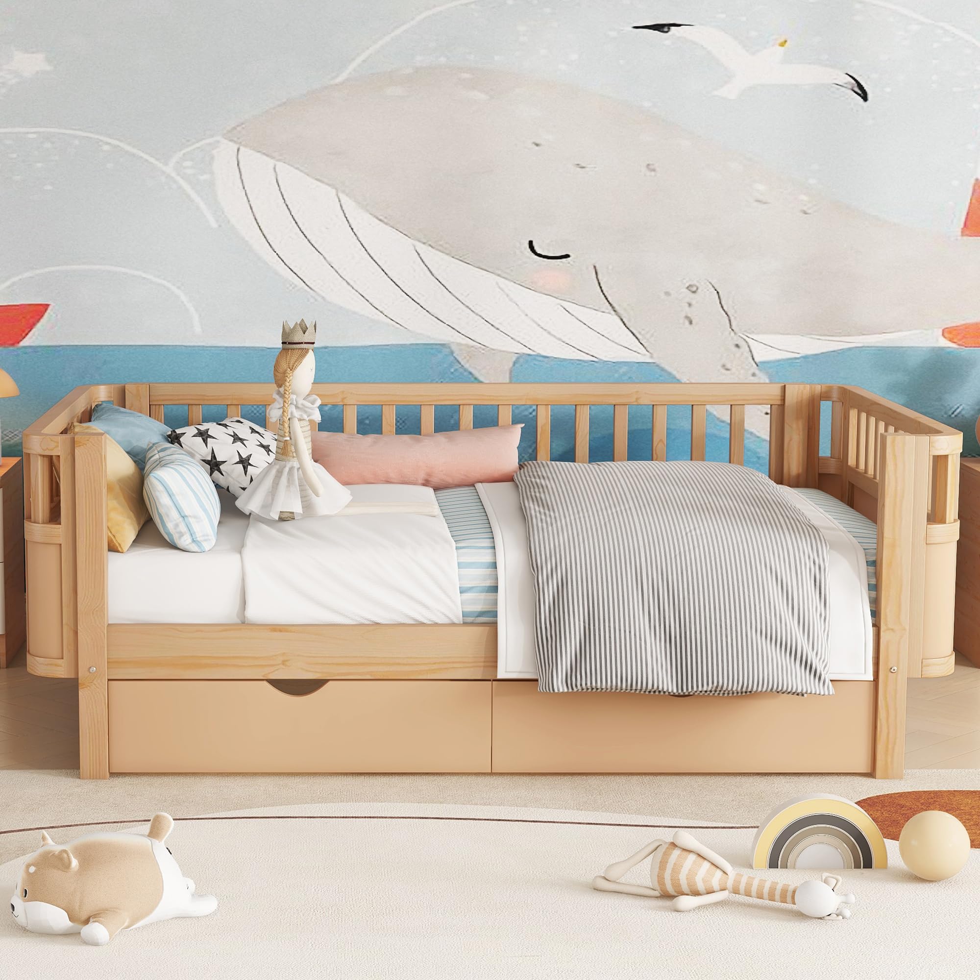 KEIKI Twin Size Wooden Floor Day Bed w/Large Storage Drawers, Montessori Platform Bed Frame w/Removable Safety Rails, Space Saving Corner Kids Beds for Boys Girls Bedroom, No Box Spring Needed, Brown