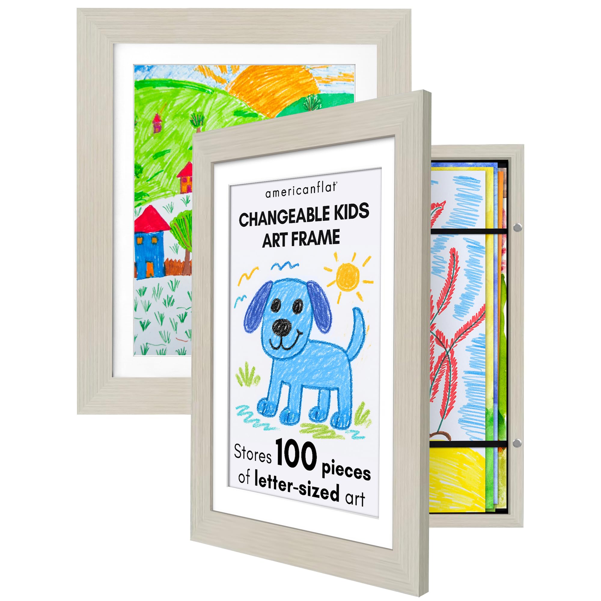 Americanflat - 2 Pack - Kids Artwork Frame Changeable (Light Wood) - Magnetic Door Holds 100 Art Pieces - 8.5x11 Letter Size Display with Mat or 10x12.5 Without Mat - My Mini Masterpiece