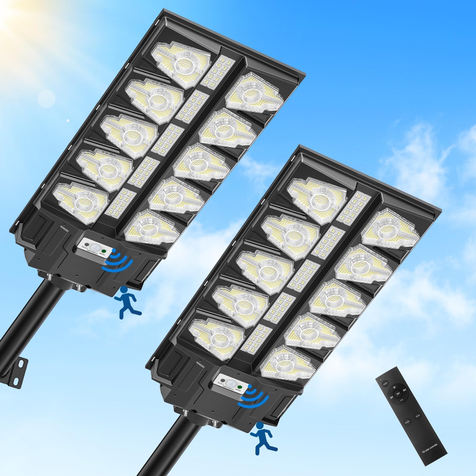 Viugreum 2 Stück 2000W Led Solar Straßenlaterne für Außen, 650000Lm Solarlampen mit Bewegungssensor, 6500K IP67 solarlaternen außen wetterfest, LED Solar Strahler Außen für Garten, Hof Garage