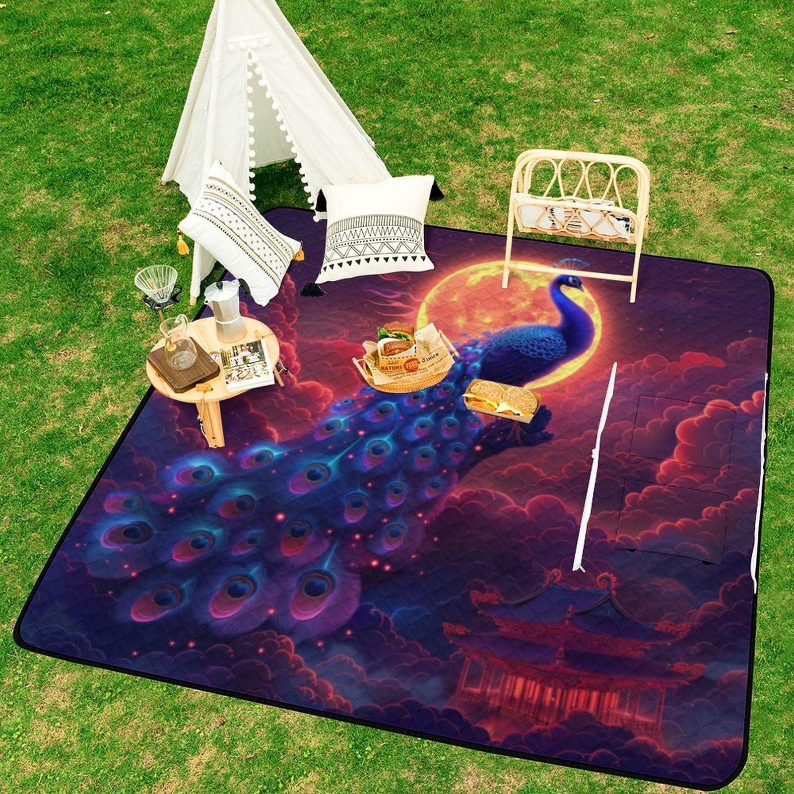 3D Impression Paon Bleu Couverture Pique Nique Animauxs Tapis Pique Nique Nappe Picnic Couverture De Pique-Nique pour Le Voyage, Le Camping, Les Vacances, Etc 200x200cm