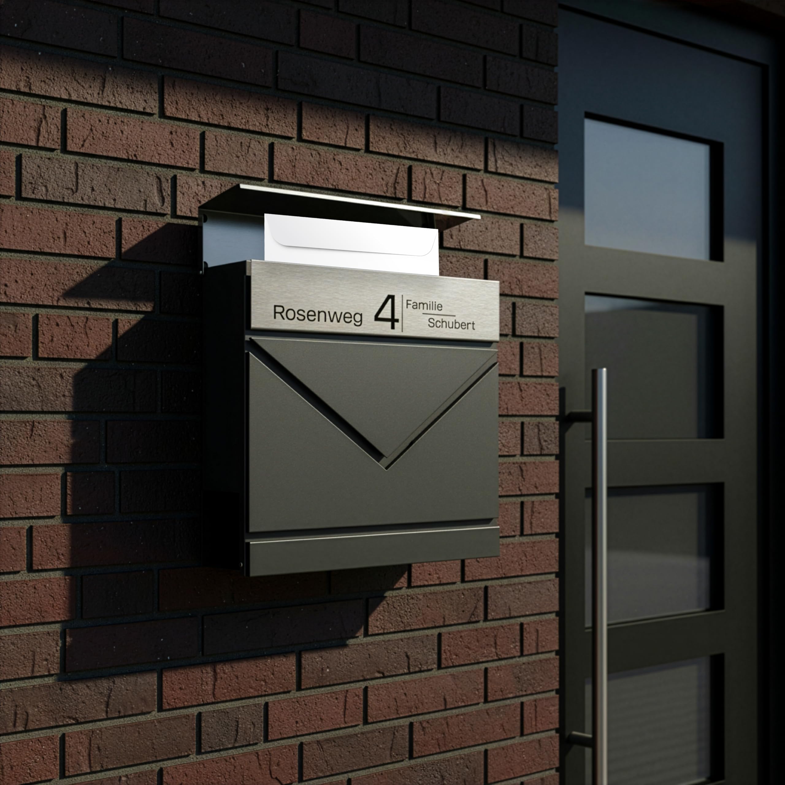 Grafner Premium Briefkasten personalisiert, RAL7016 mit Zeitungsfach und 2 Schlüssel, moderner Postkasten mit Name Straße Hausnummer, anthrazitgrau Wandbriefkasten graviert, mit Montagematerial