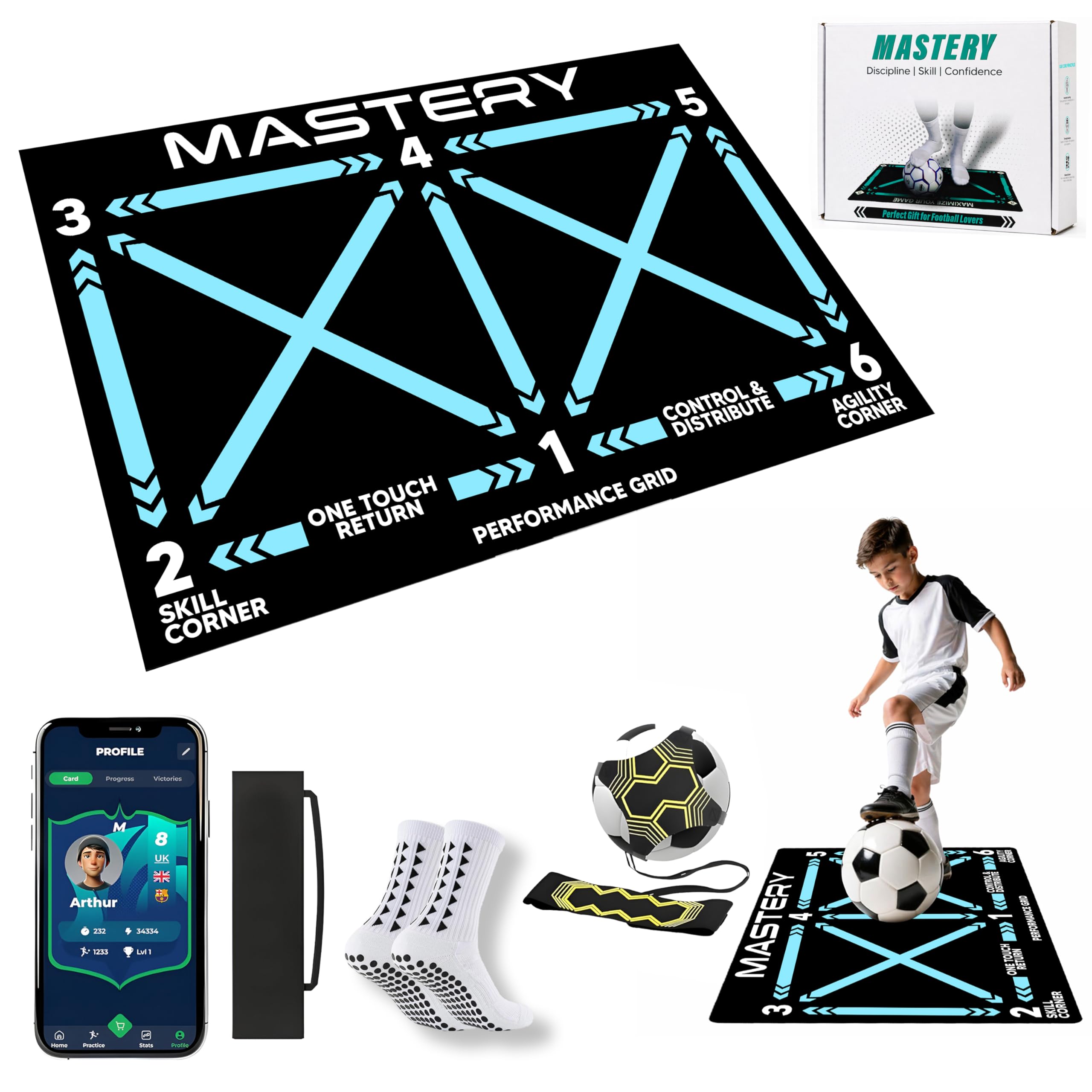 Football Training Mat with Mastery APP -Soccer Mastery Skills Footwork Mat 90x60cm Football Gifts for Boys | Pro Dribble Ball Control & Stress Relief Games for Kids Girls & Teenage Gifts