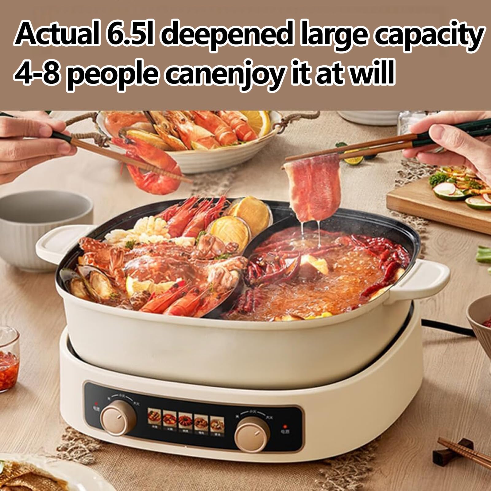 Pentola Elettrica, Pentola Elettrica Multifunzione con Controllo a Doppia Zona, Capacità Grande da 6L per 6-8 Persone, Potenza 2100W