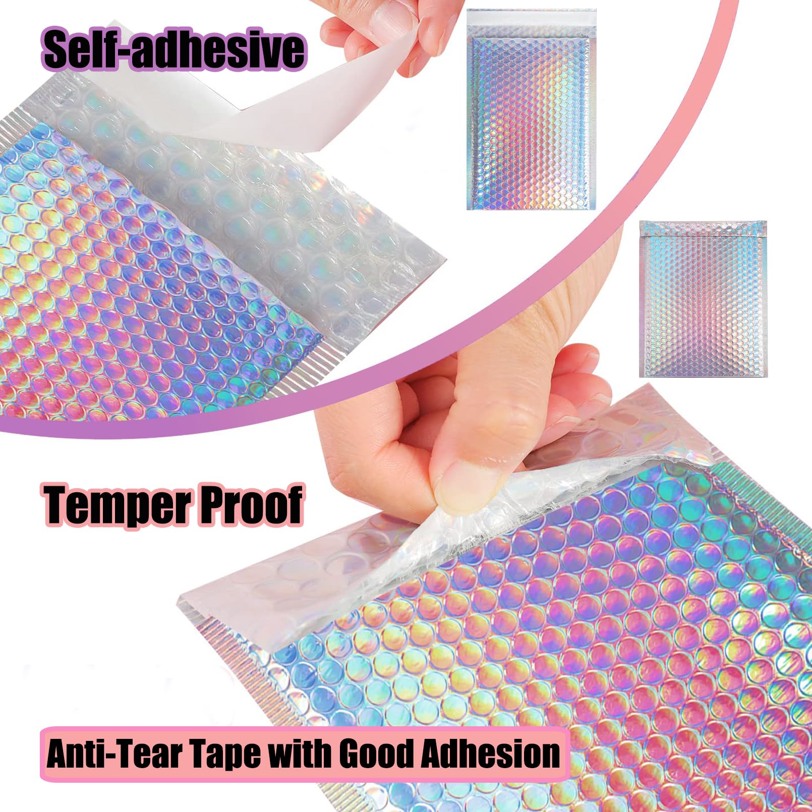 50 Stück metallische Luftpolsterumschläge, Poly-gepolsterte Umschläge, holografische Luftpolster-Versandtaschen, wasserdichte Versandtaschen, selbstklebende Folie, Glitzer,