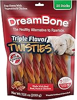Dreambone Triple Flavor Twisties Rawhide-Free Dog Chews with Real Beef, Pork & Chicken - 25 Count, 7.05oz