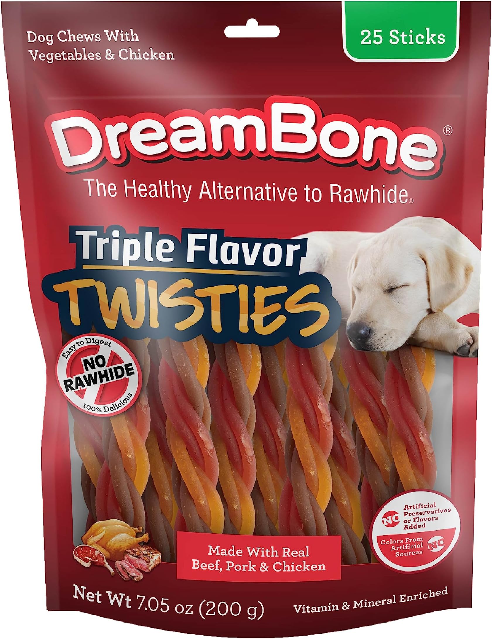 DreamBone Triple Flavor Twisties Chews for Dogs, Treat Your Dog to Easy-to-Digest Rawhide-Free Chews Made with Real Beef, Pork & Chicken, 25 Count