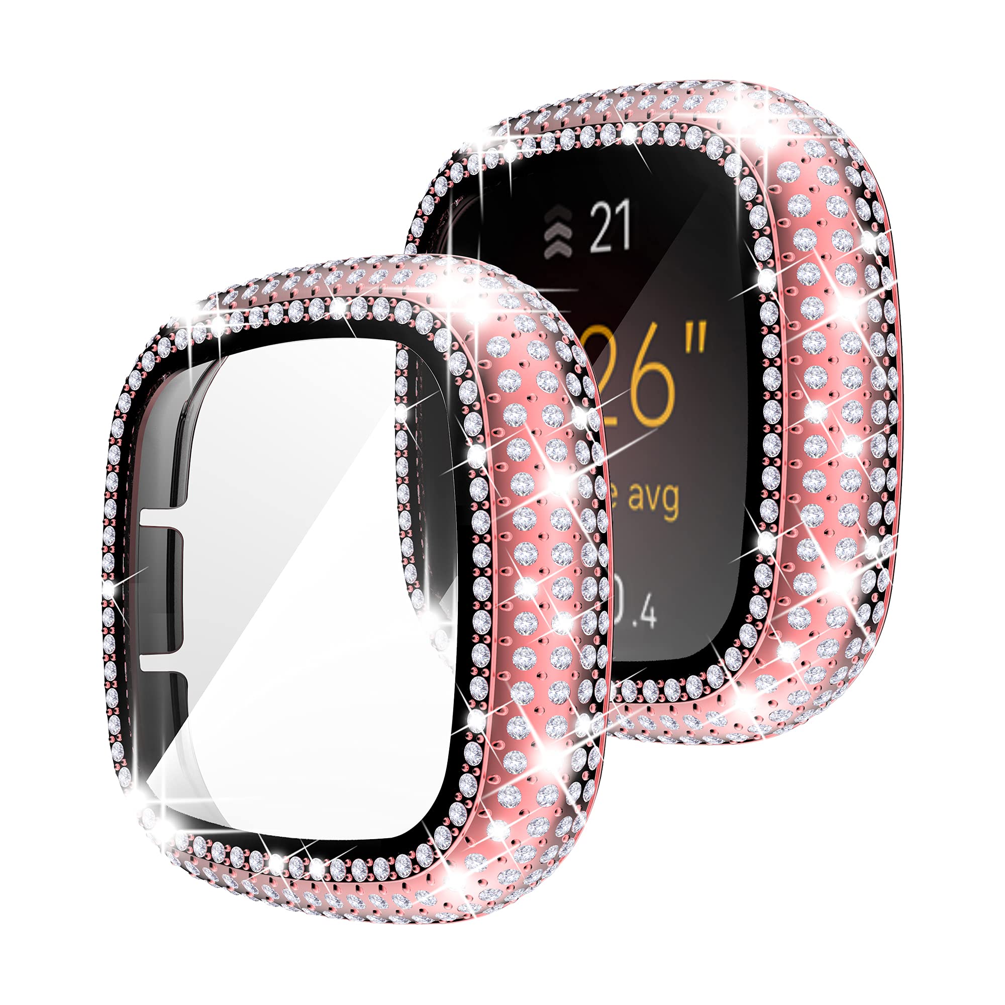 RICHONE Case Compatible with Fitbit Sense and Versa 3, Full Bling Diamonds Cover with Tempered Glass Film Screen Protector (Pink, Versa 3 & Sense)