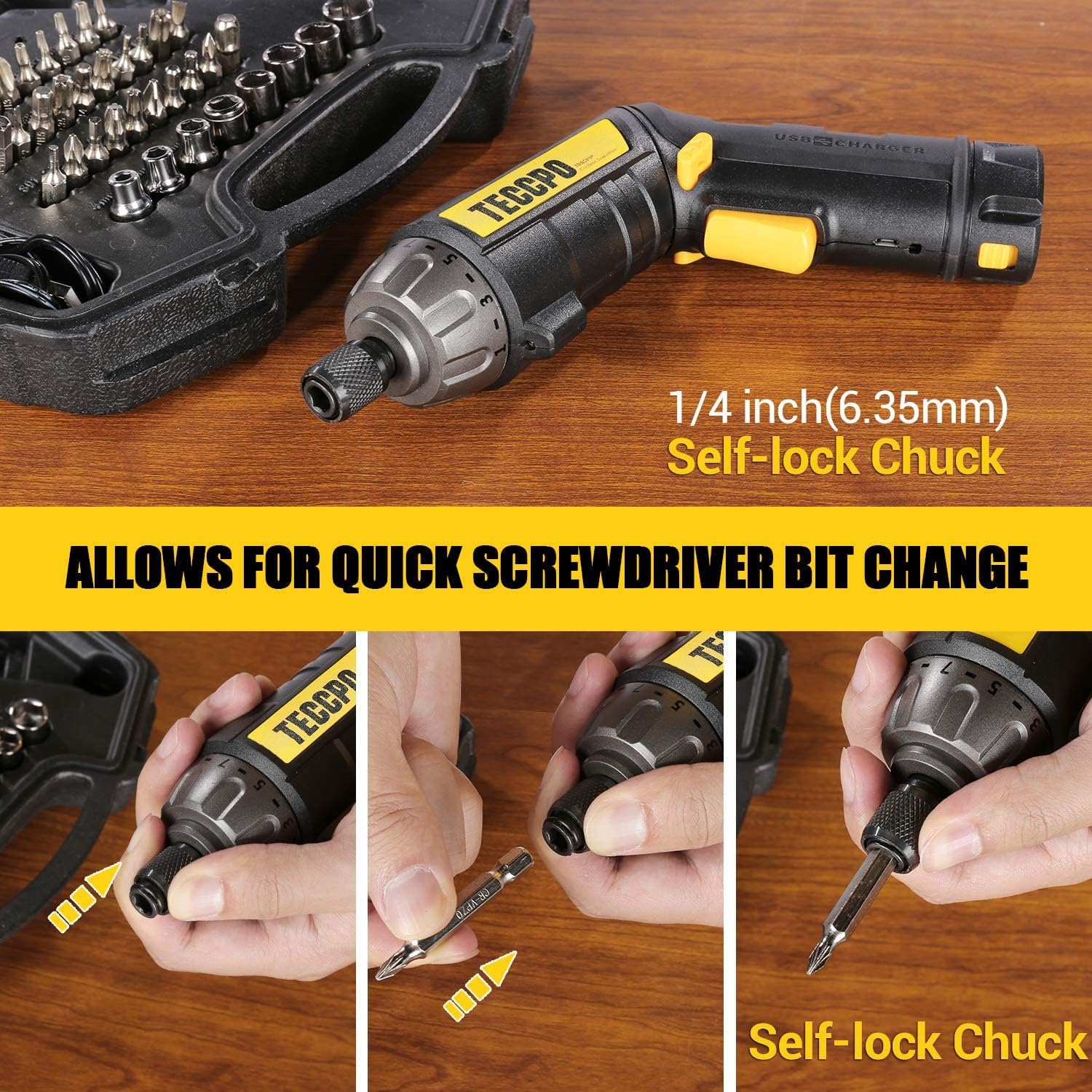 Electric Screwdriver, 6Nm, 45PCS Accessories, 9+1 Torque Gears, 1/4'' Hex Quick Change, Self-lock Chuck, Cordless Screwdriver, 4V 2000mAh Li-ion, Adjustable 2 Position Handle with 2 LED - Black : Tools & Home Improvement