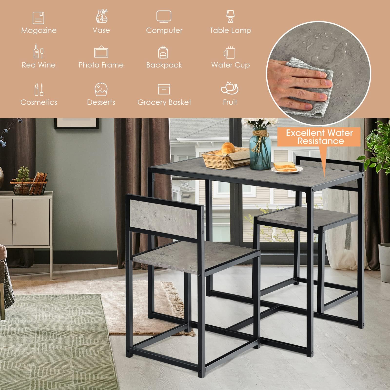 RELAX4LIFE Set 3 Pezzi con Tavolo e 2 Sedie in Legno Robusto e Ferro, Set di Tavolo con 2 Sedie a Scomparsa in Stile Industriale, Ideale per Sala da Pranzo, Cucina e Balcone (Ggrigio)