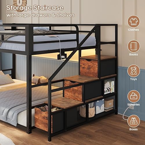 Miniatura 6 de Litera baja individual sobre individual con escalera de almacenamiento, cajones y estantes, luces LED RGB integradas, estación de carga, barandilla