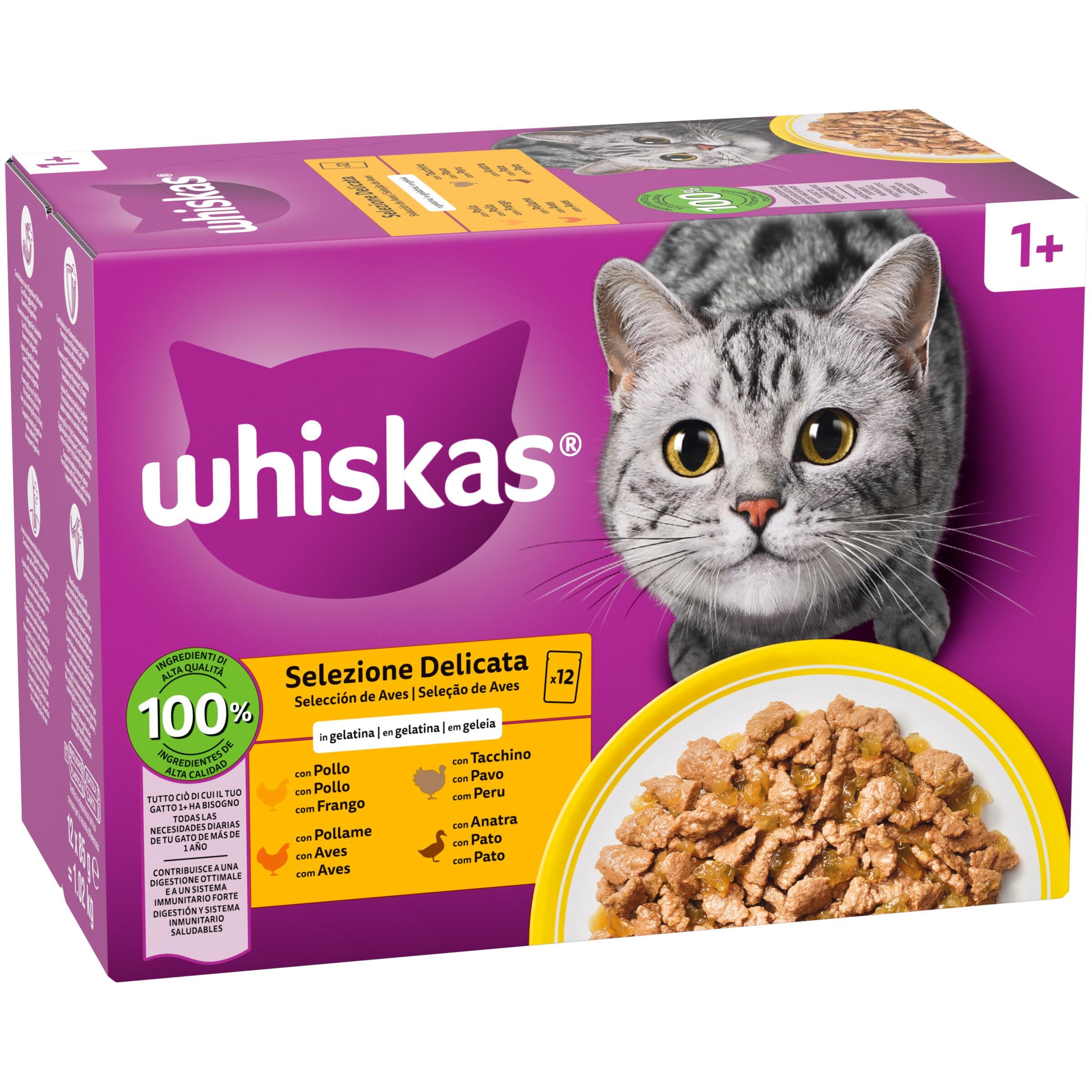 WHISKAS Comida húmeda en gelatina Gatos Adultos Selección de Aves - 4 x 12 bolsitas x 85g