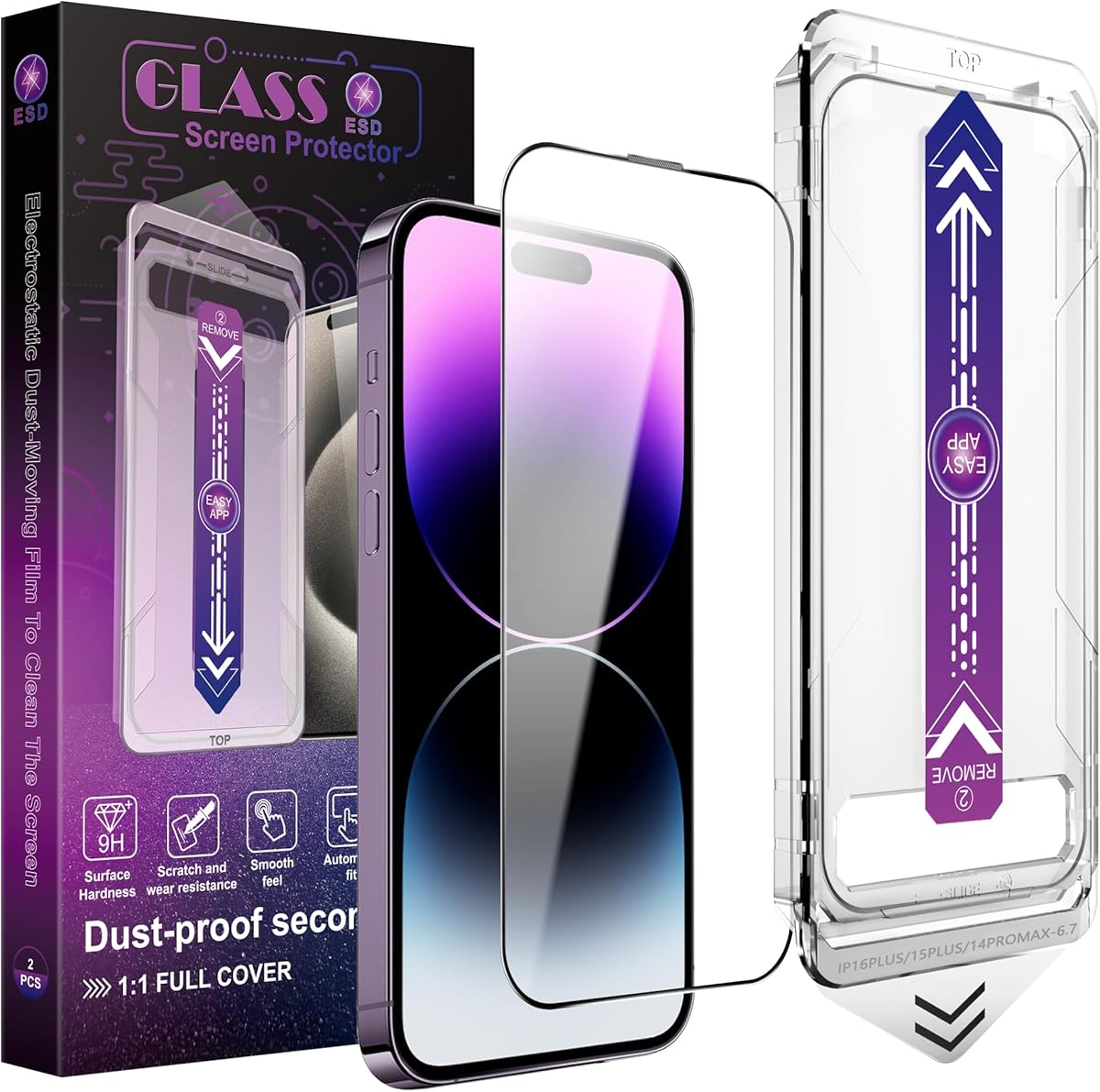 Screen Protector, 2-Pack, 9H Tempered Glass, Universal Compatibility for Smartphones, Clear (HD, for iPhone 14 Pro Max/iPhon 15 Plus/iPhon 16 Plus)