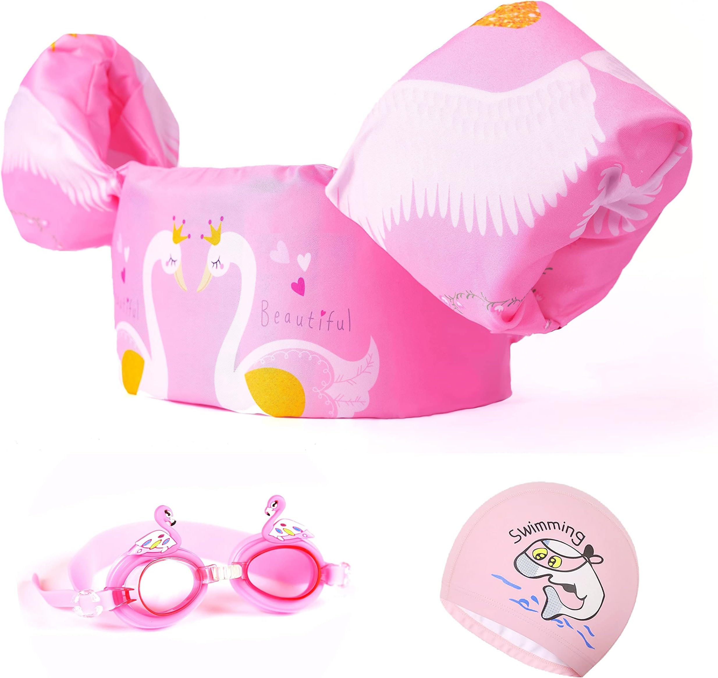 SwanJumper Pink Puddle Jumper for Girl Kids: Puddle Jumper for 30-50 Pounds Kid with Goggles and Cap
