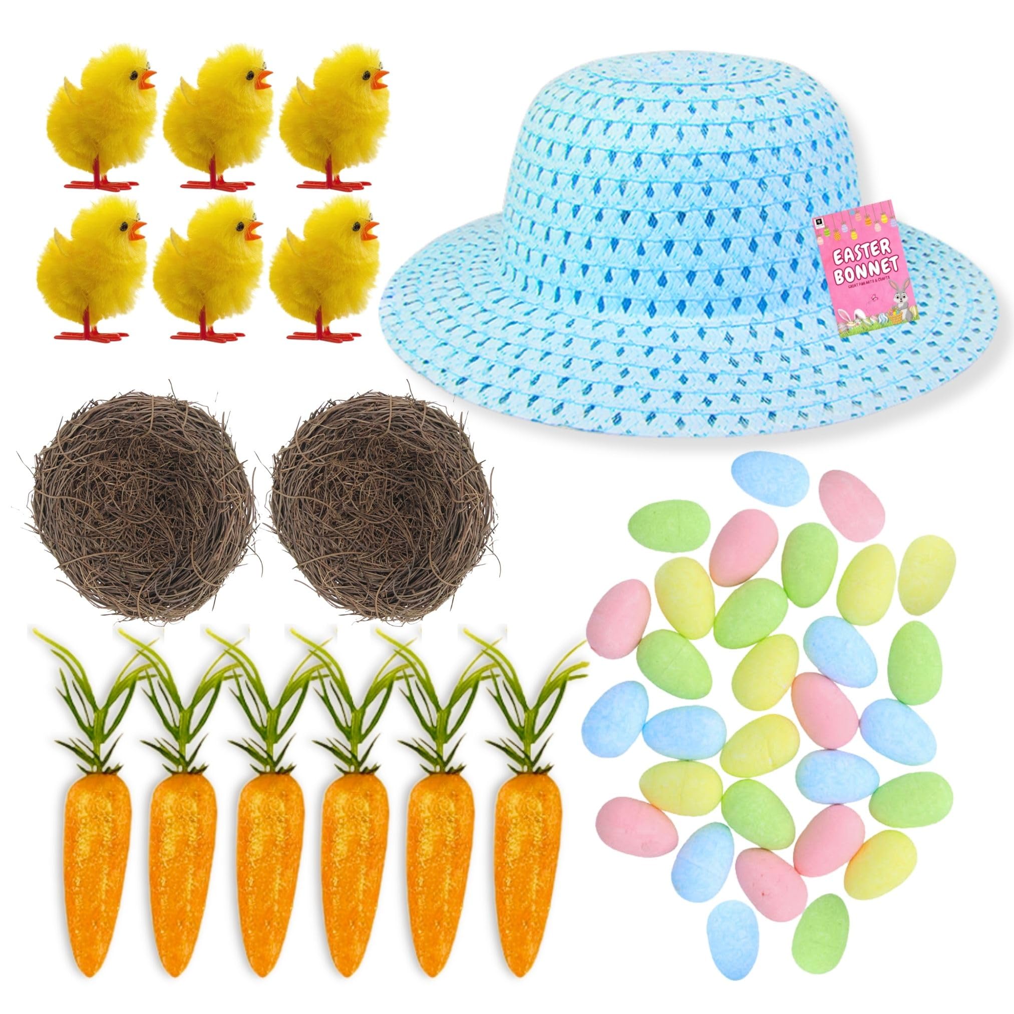 Akh Blue Kids Easter Bonnet Kit | Easter Bonnet Set Make Your Own Easter Bonnet Hat | Easter Eggs Chicks Carrots Craft Nests With Bonnet Hat | 46Pcs | Easter Bonnet Decoration Craft Supplies |