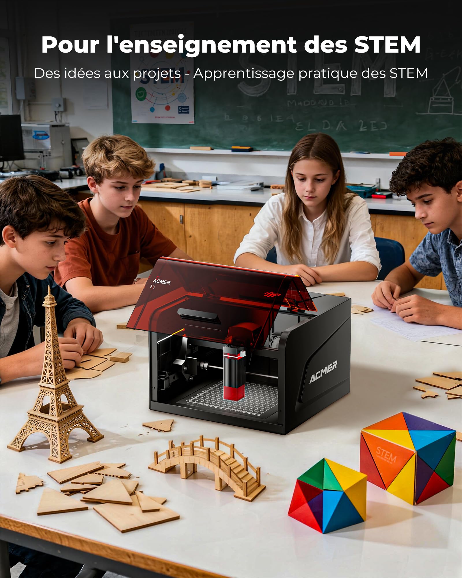 ACMER K1 Machine a Graver Laser 7000mW, Classe 1 Petit Graveur Laser Fermé de Sécurité, Surface de Gravure 150×150mm,Précision 0,01mm Découpe Laser de Haute Précision pour Bois, Métal,Cuir,Verre, etc