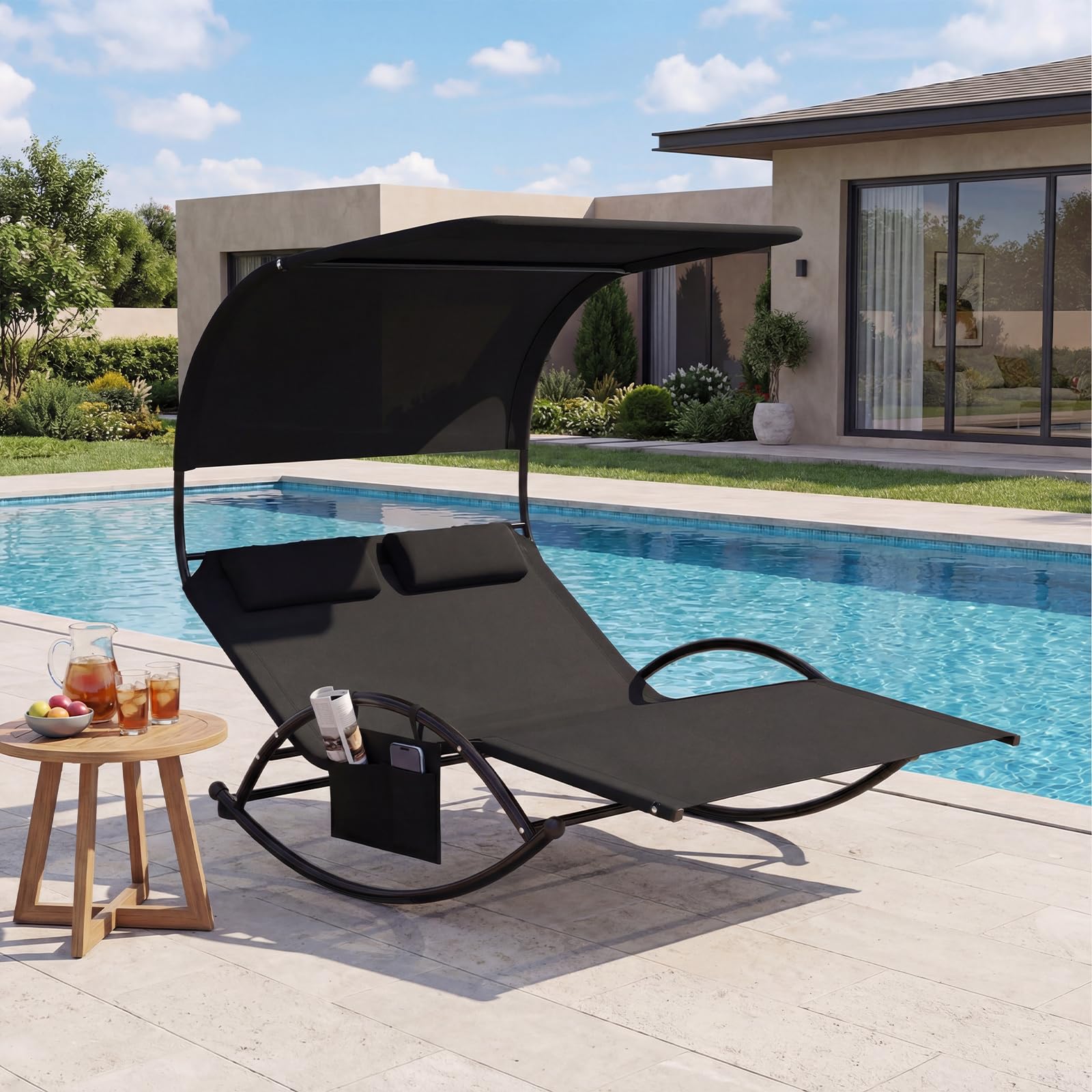 COSTWAY Chaise Longue Extérieur à Bascule, Transat à Bascule pour 2 Personnes, Lit de Repos 2 Places avec Auvent Pare-Soleil et 2 Oreillers Amovibles, Cadre en Métal Robuste, Charge 300 KG (Noir)