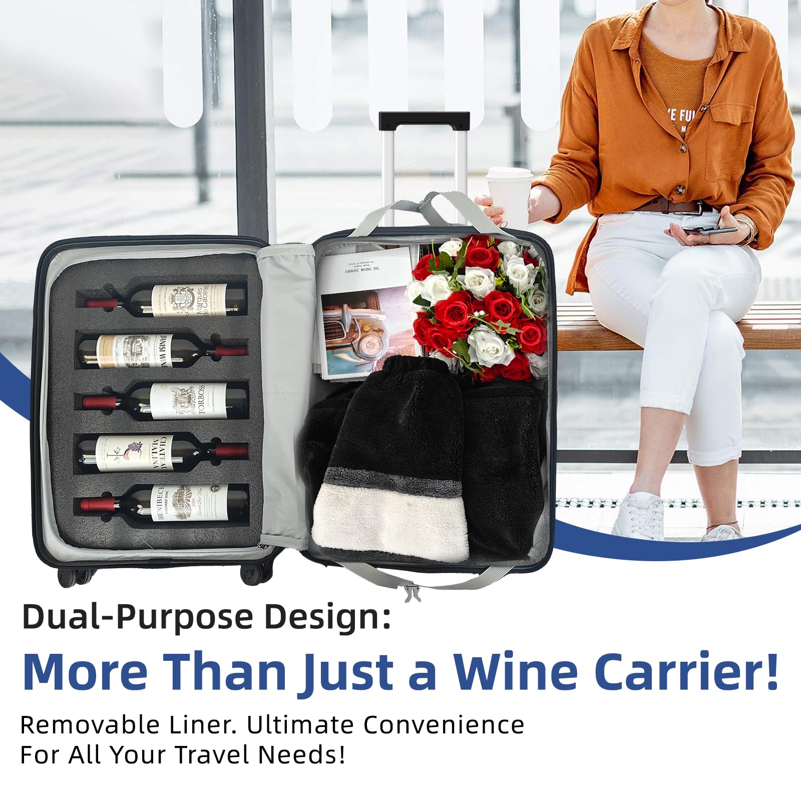 Maleta de Vino, Equipaje de Vino para 10 Botellas, Funda de Viaje Duradera para Vino, con Maleta de Vino con Cerradura TSA, Portador de Vino versátil con Inserciones extraíbles y Ruedas giratorias