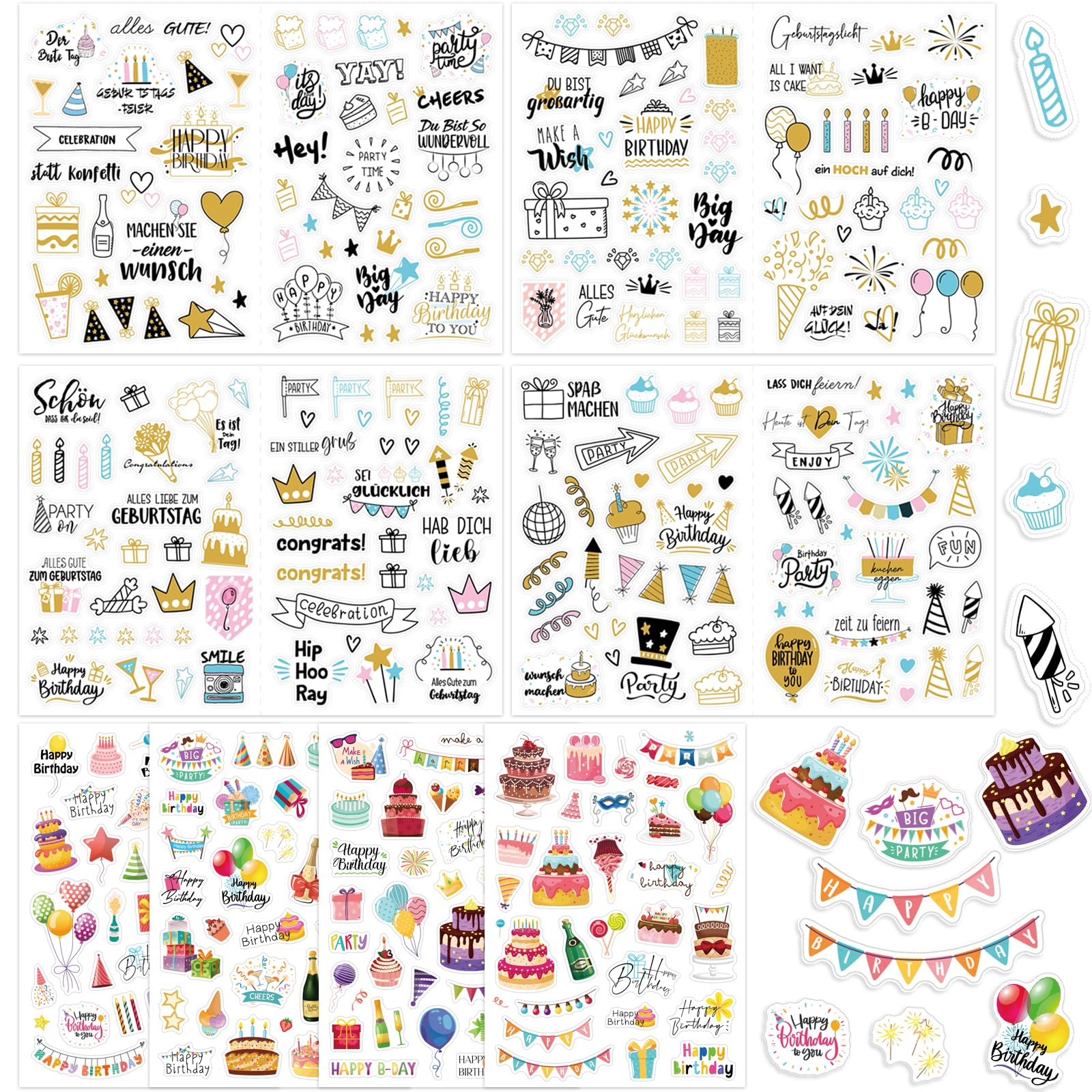 GROFIS Sticker Geburtstag Set (347 Motive), Selbstklebende Aufkleber Geburtstag, Birthday Stickers für DIY Geburtstagskarten Geschenke Gästebuch Fotoalbum Scrapbook, Party-Deko für Erwachsene & Kinder