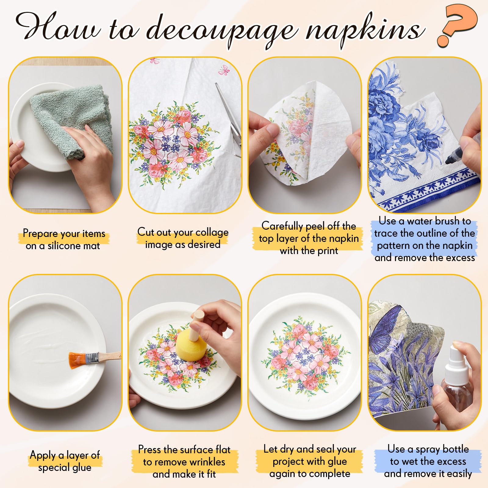 Crtiin Niezbędny zestaw narzędzi do decoupage, w tym silikonowa mata stołowa, 5 pędzli piankowych, 8 pędzli do decoupage, 3 długopisy wodne, pojemnik na klej, butelka z rozpylaczem do projektów