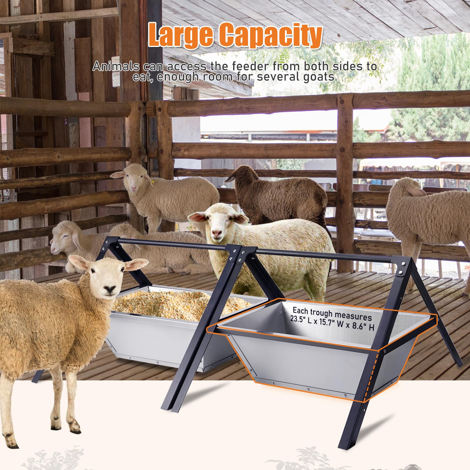 Paquete de 2 comederos de ganado de alto rendimiento, comedero automático de acero inoxidable para cabras que suministra 23 "Comederos portátiles largos para ganado y heno para cabras con