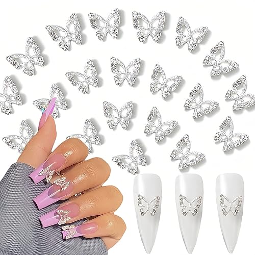 20 dijes de mariposa para uñas de aleación brillante 3D, diamantes de imitación de mariposa de cristal plateado para uñas acrílicas, diseño de