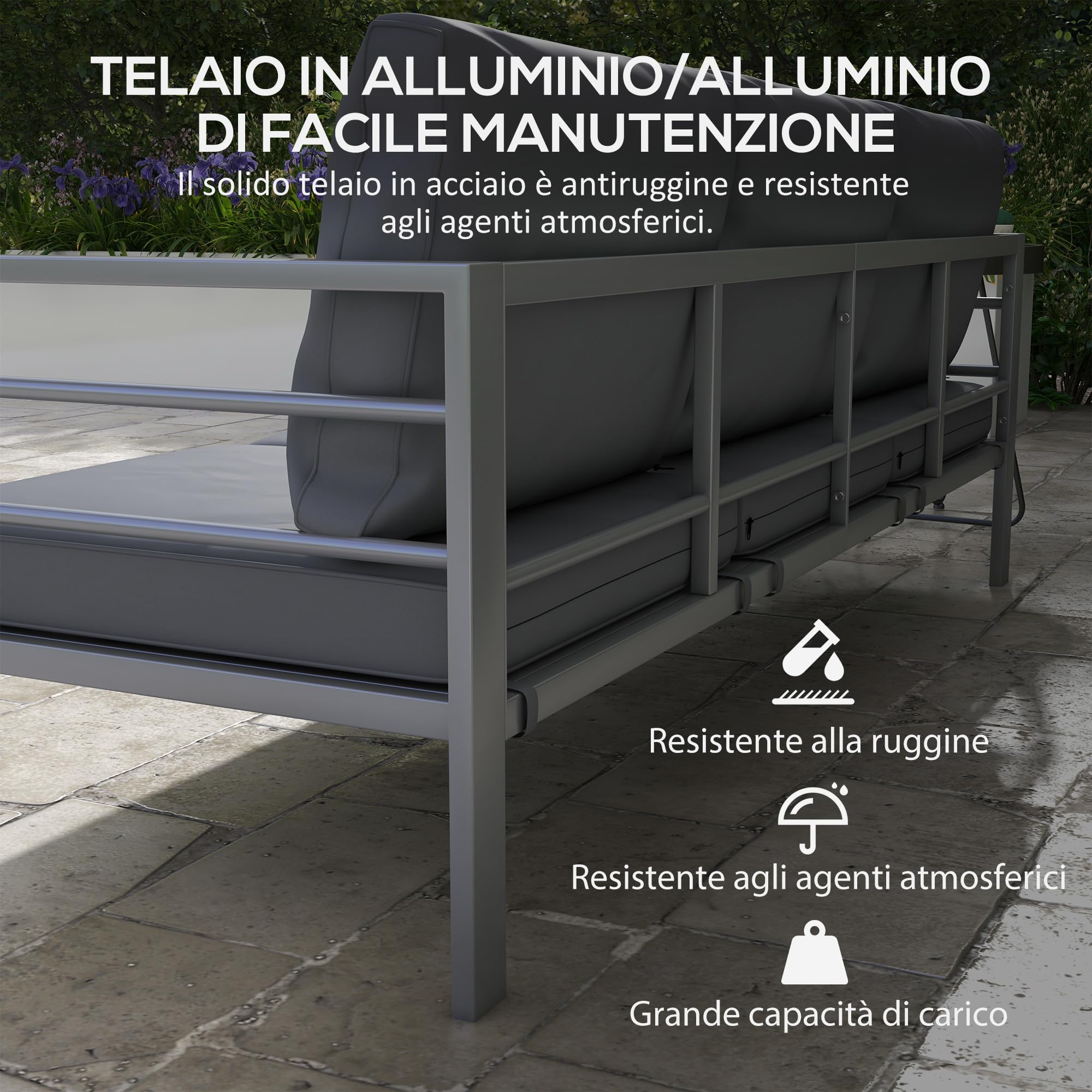 Outsunny Divano da Giardino 3 Posti in Alluminio con Cuscini per Seduta e Schienale, Divano Moderno, 185x66x64 cm, Grigio