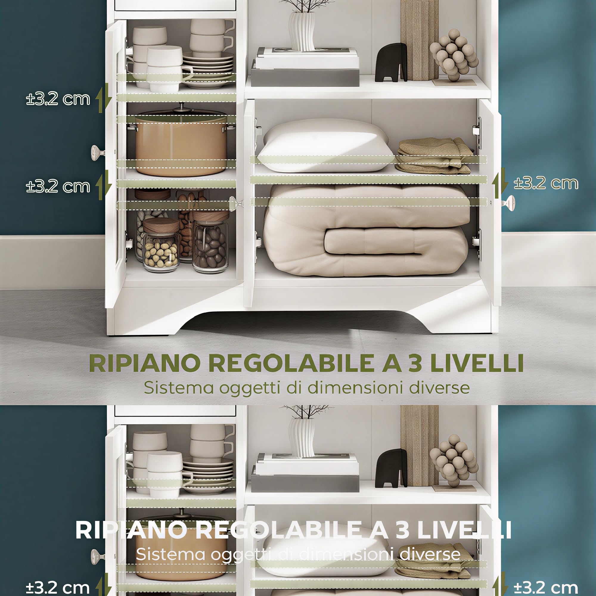 HOMCOM Credenza Cucina con Vano Aperto, Armadietti, Anta in Vetro e Cassetto, Mobile Cucina con Ripiani Regolabili, Buffet Credenza per Sala da Pranzo e Soggiorno, Design Moderno, 80x30x82 cm, Bianco