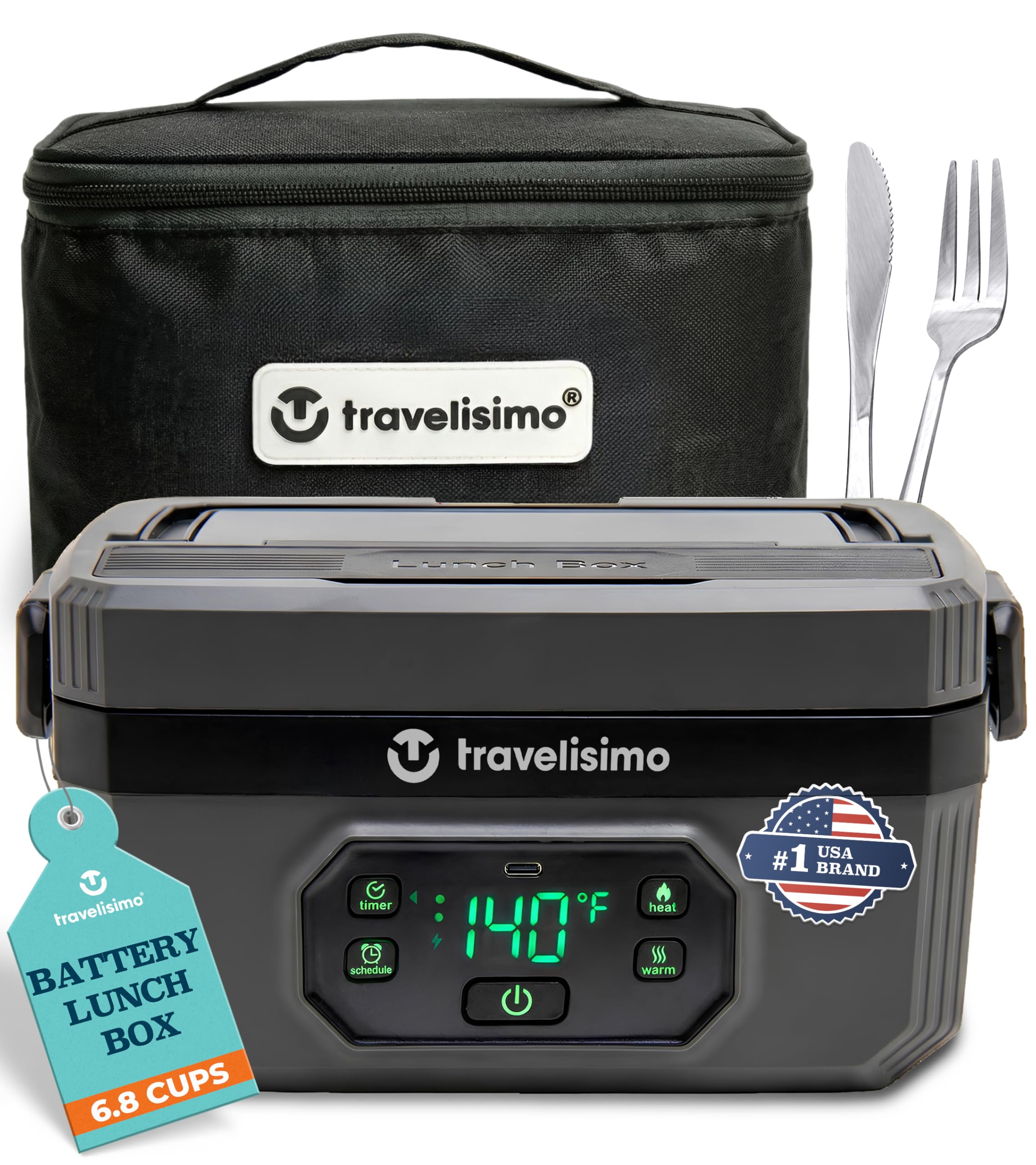 TRAVELISIMO Heated Lunch Box Cordless XL 6.8 Cups – Electric Lunch Box Battery Powered, Portable Food Warmer for Travel & Work, Rechargeable Lonchera Eléctrica Portátil para Calentar Almuerzo Gray