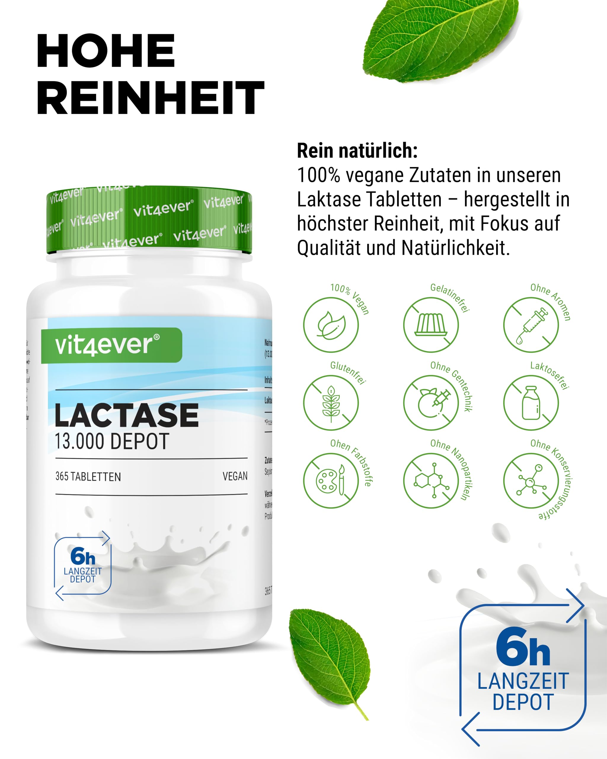 vit4ever Laktase 13.000 Depot - 365 Tabletten mit Depotwirkung (Sepismart® Slow Release) - Hochdosiert mit 13.000 FCC-Einheiten - Bei Laktoseintoleranz + Milchunverträglichkeit - Vegan