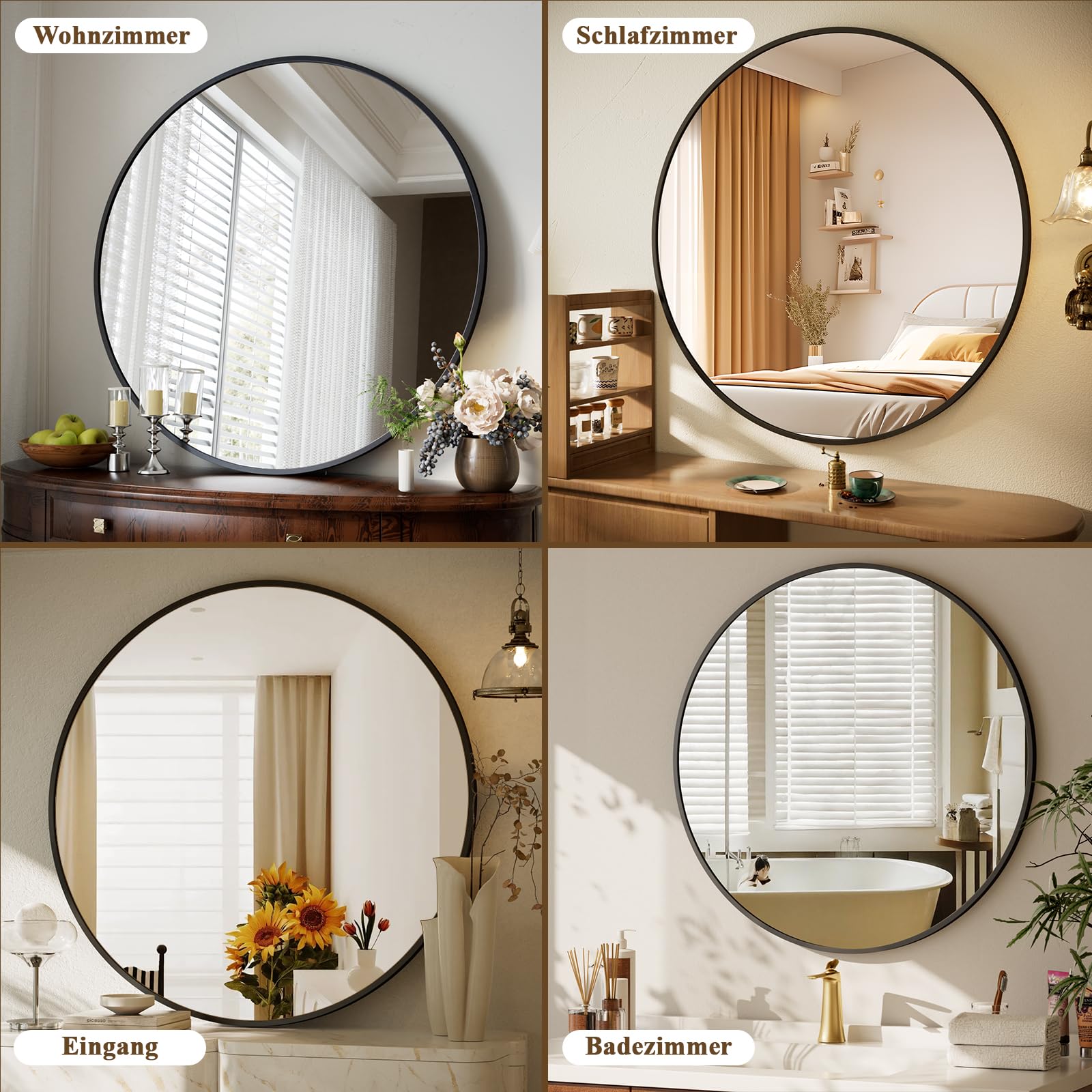 Spiegel Rund Schwarz 122cm, runder Wandspiegel mit Aluminiumrahmen, Einfache Montage, Modern Spiegel zum Aufhängen und Anlehnen für Badezimmer, Wohnzimmer, Schlafzimmer