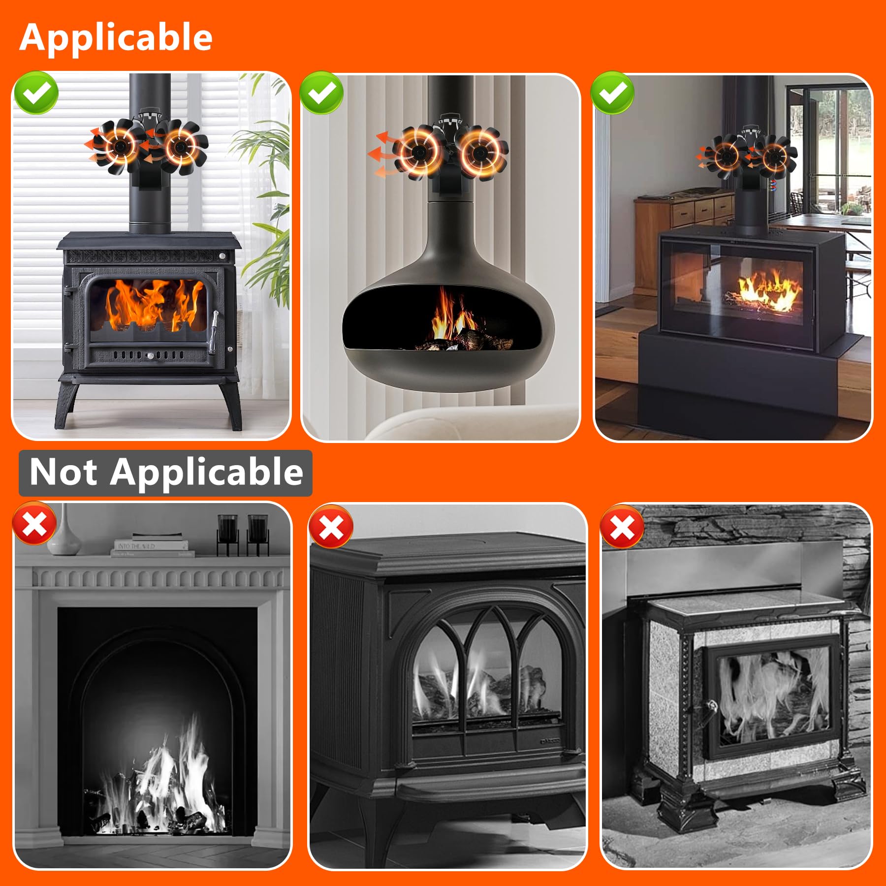 Kaminventilator Magnetisch 3-in-1, Ofenventilator Kamin Ventilator Ohne Strom, Kaminlüfter mit Thermometer für Holz/Brennholz/Feuerstelle/Ofenrohr, Stove Fan for Fireplace, mit Ersatzteil Ring
