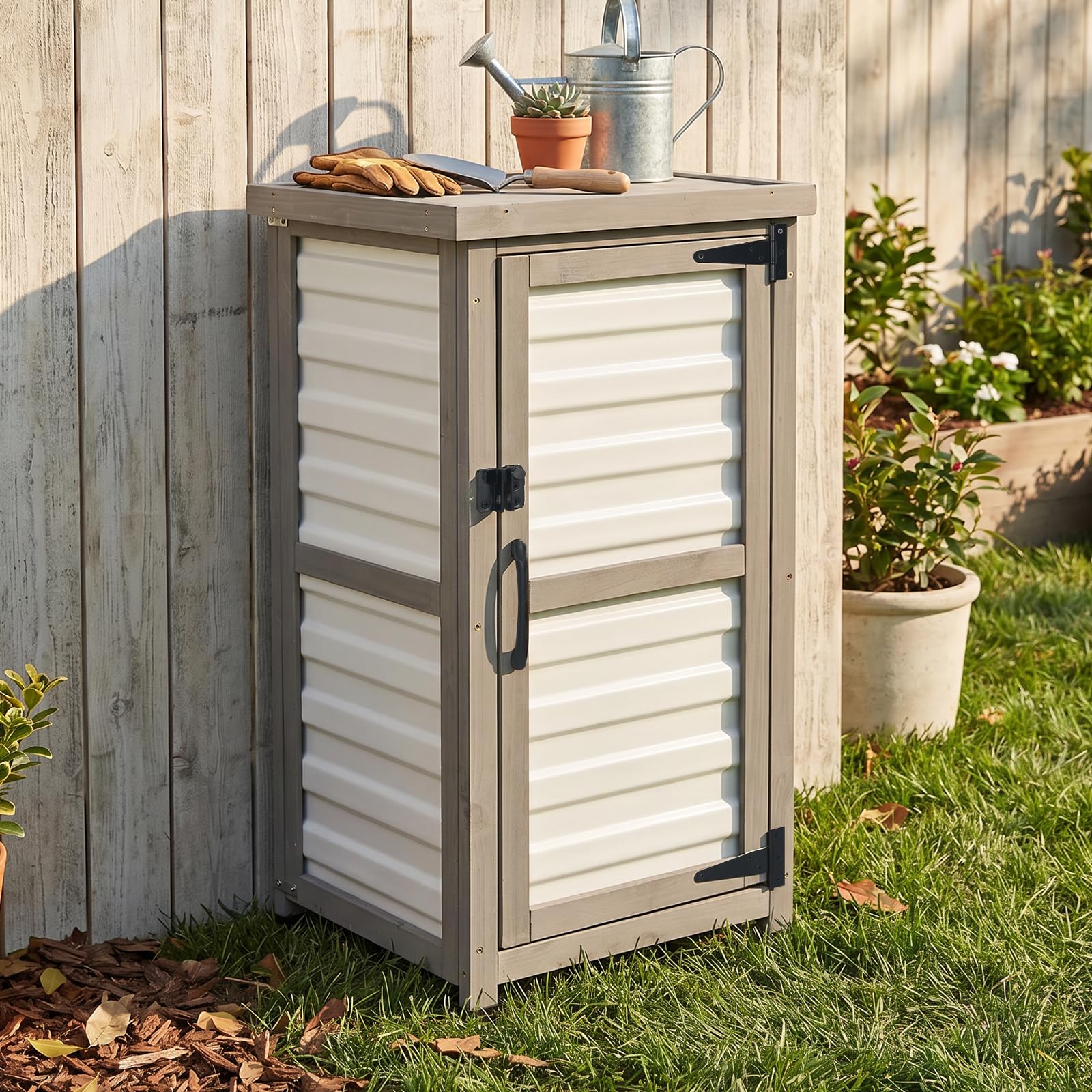 Outdoor Storage Cabinet with Metal Top, Wooden &amp; Plastic Potting Bench &amp; Tool Organizer, Adjustable Shelf for Patio Backyard Garden, Small Outdoor Cabinet for Tools