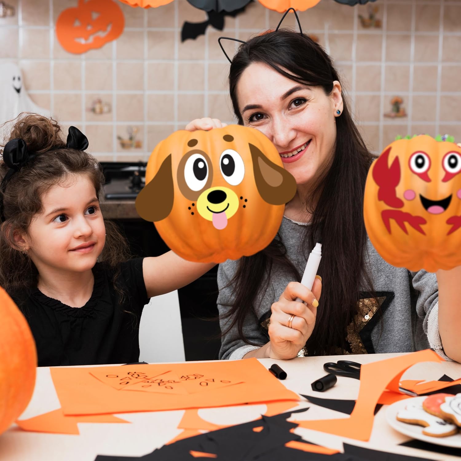 JOYIN 18 Packs Halloween Pumpkin Decorating Stickers Craft Kit, Halloween Party Supplies Arts Activities, Kids Party Favors, Jack O Lantern Foam Face Sticker in 9 Animal Designs, Classroom Games