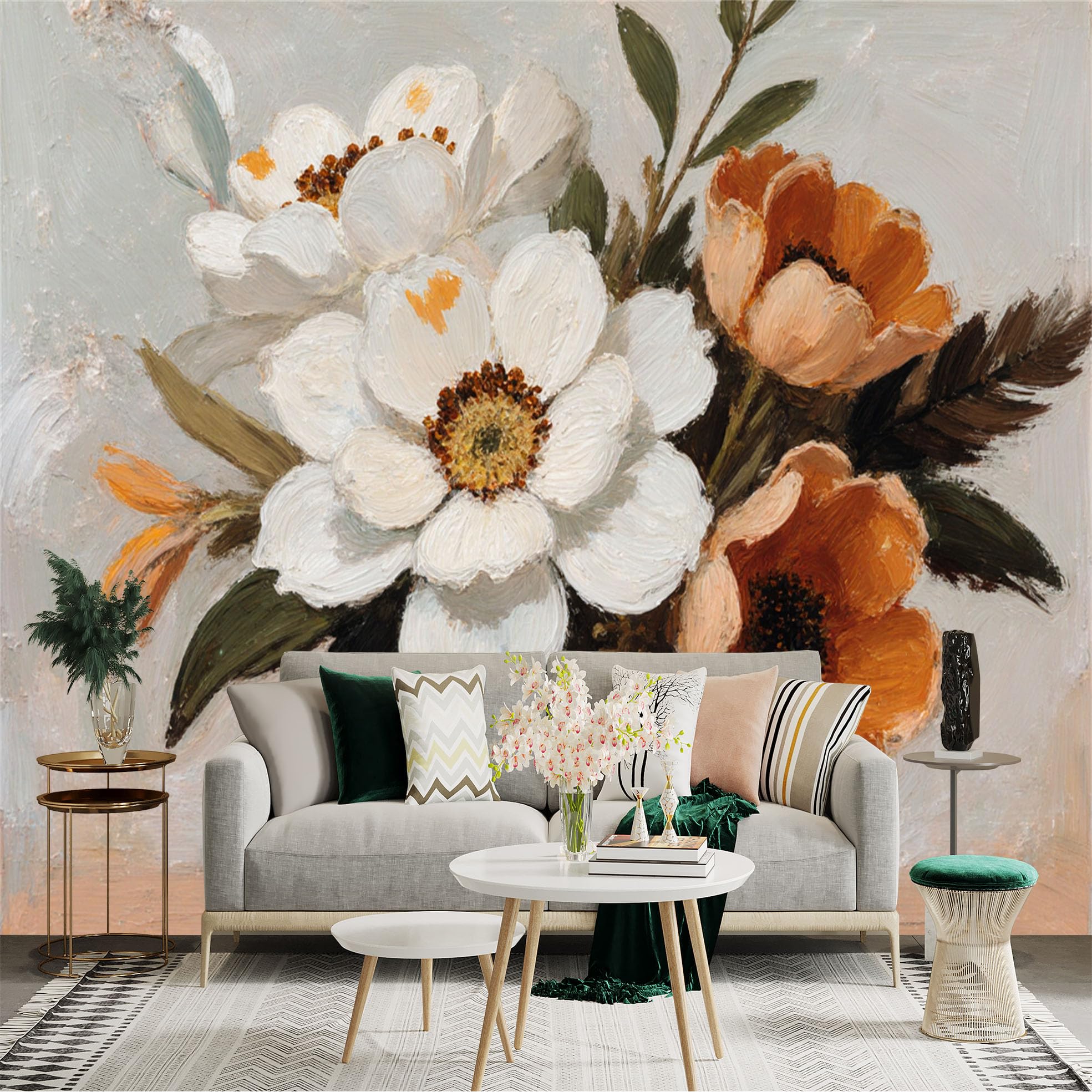 Custom Size Wall Sticker Mural， White and Orange Blossoms in Vase， Oil Painting Style Floral Art， Vintage Botanical Illustration， for wall Decoration， peelandstick wall Decals.