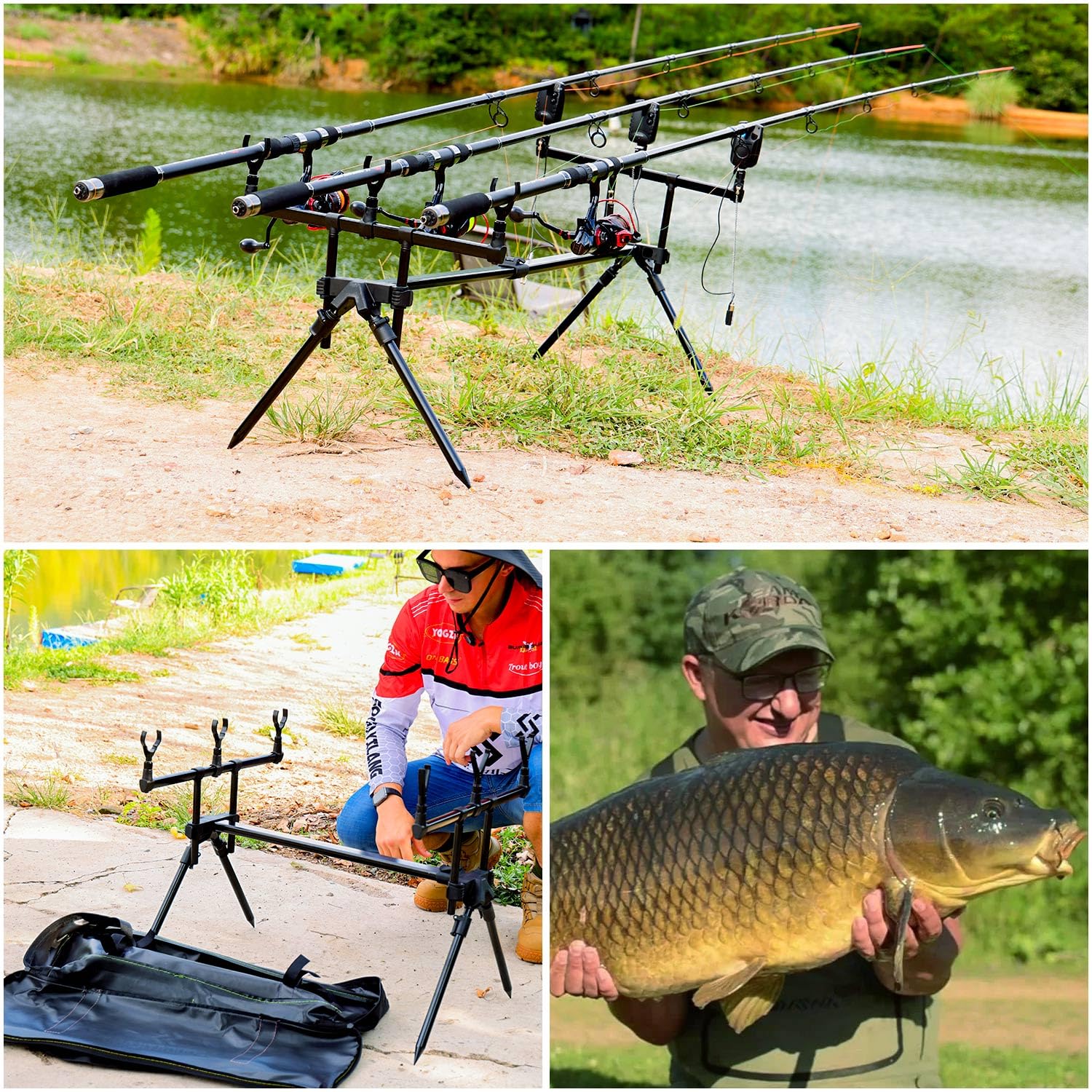 Sougayilang Rod Pod 3-częściowy zestaw do wędkowania karpiowego – regulacja wysokości i długości, z torbą do przenoszenia oraz 6 głowicami + 5 m uzupełnieniem siatki PVA – nadaje się do łowienia karpi