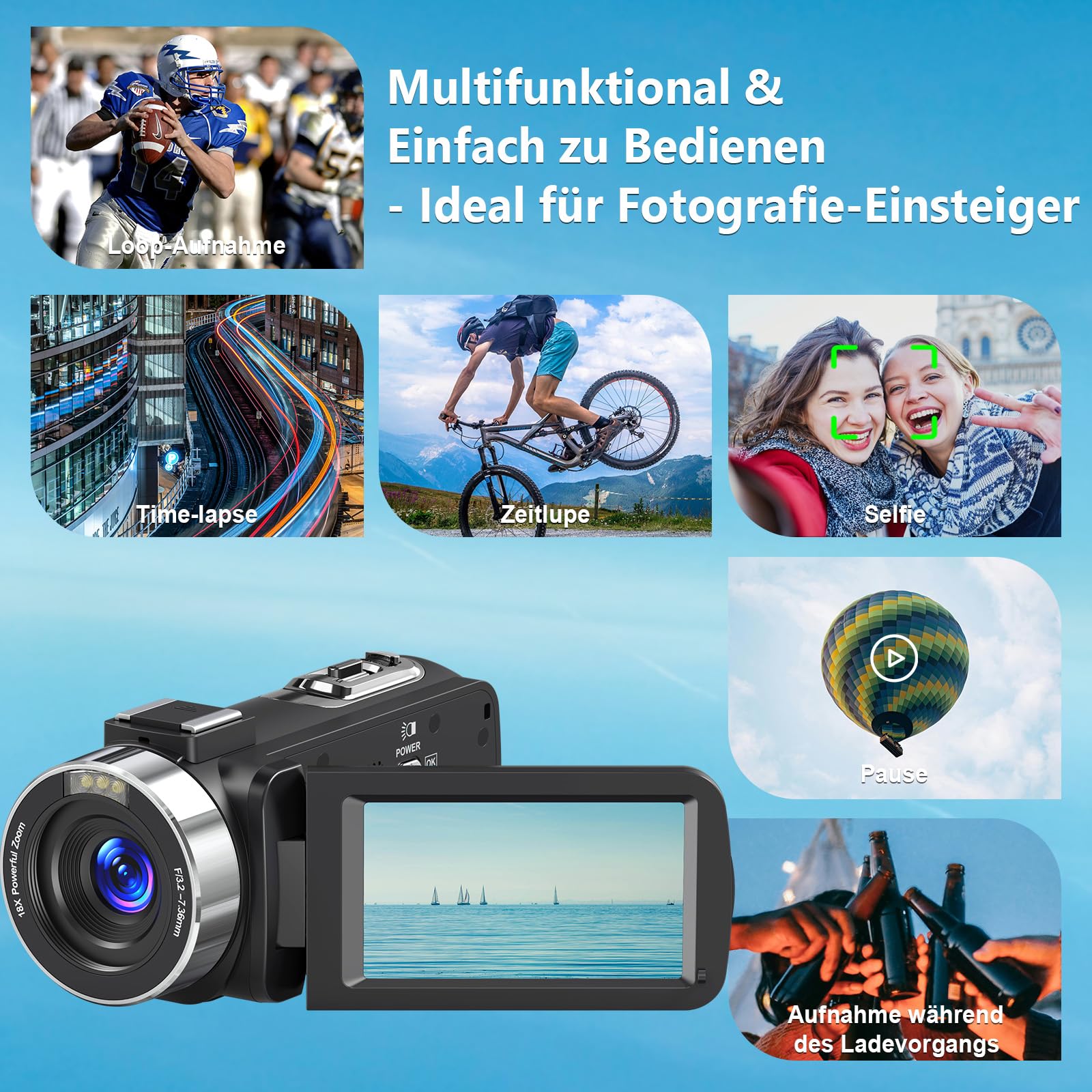 Videokamera 4K 80MP Camcorder für YouTube,30FPS Webcam IR Nachtsicht Vlogging Kamera,18X Digitalzoom 3,0 270°IPS Bildschirm Video Camera mit SD Karte, 2 Akkus, Fernbedienung, und Handstabilisator