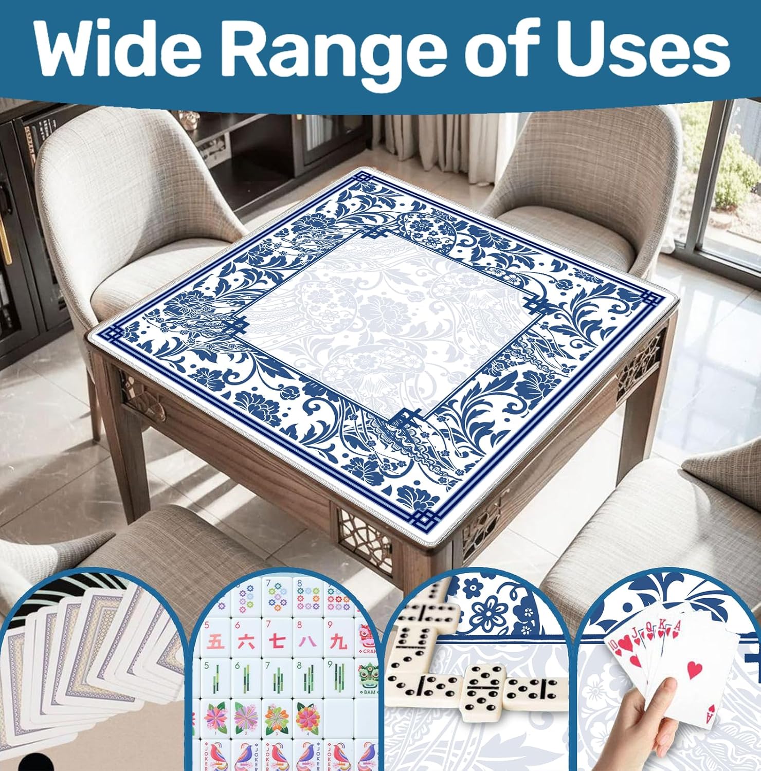 Blue Chinoiserie Mahjong Mat 31.5" x 31.5", Vintage Blue Floral Non-Slip Noise Reduction Mahjong Table Cover Accessories and Supplies for Dominoes Poker Card Board and Tile Games Gifts